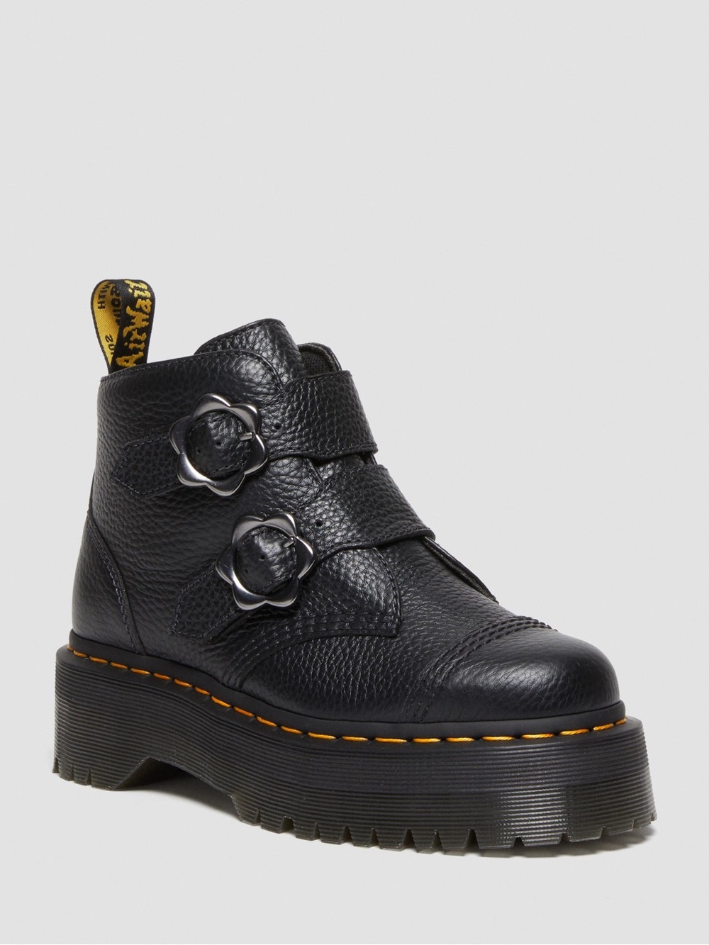 Dr. Martens Black Leather Platform Ankle Boot with Floral Buckles